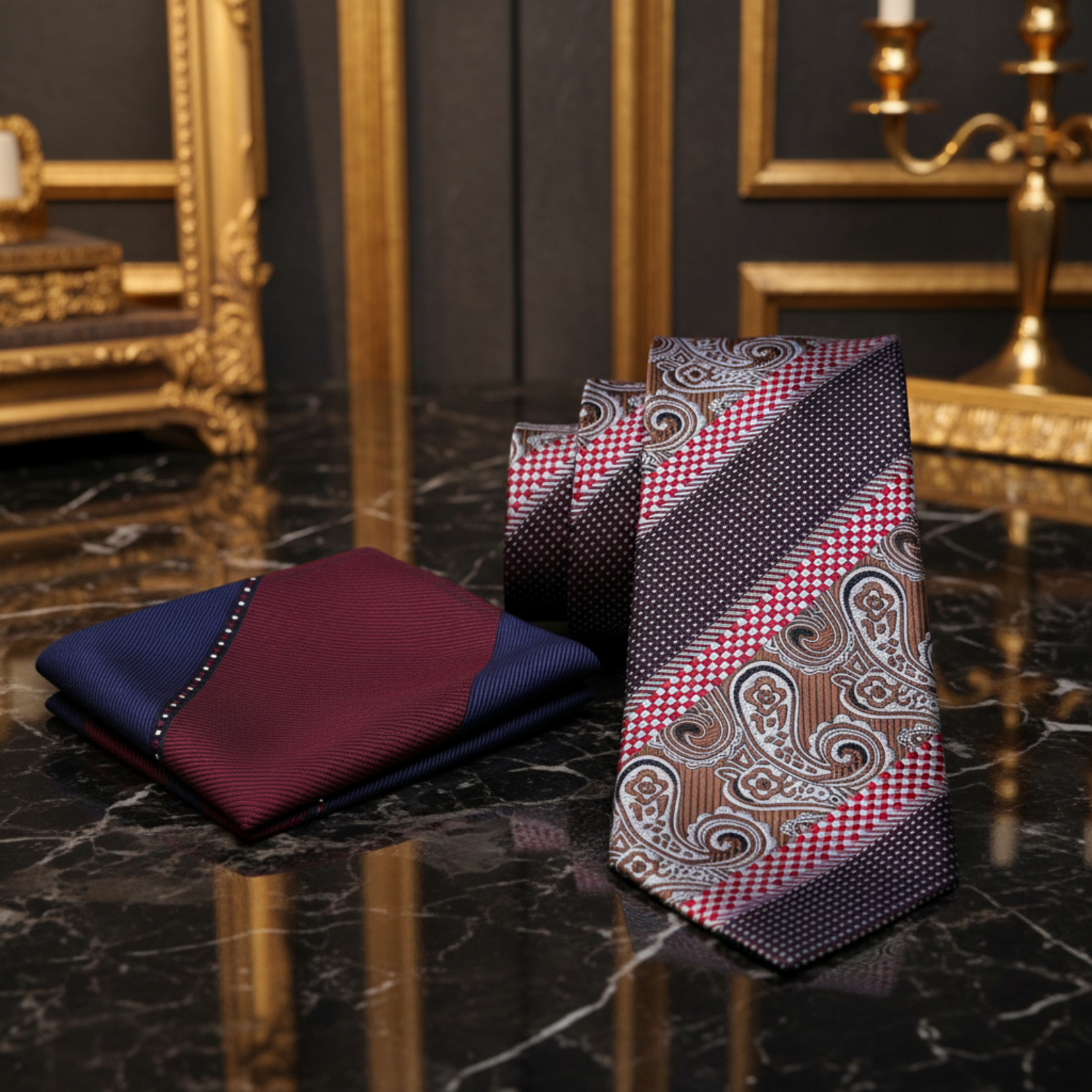 Set of patterned blue, red paisley tie and accenting pocket square 