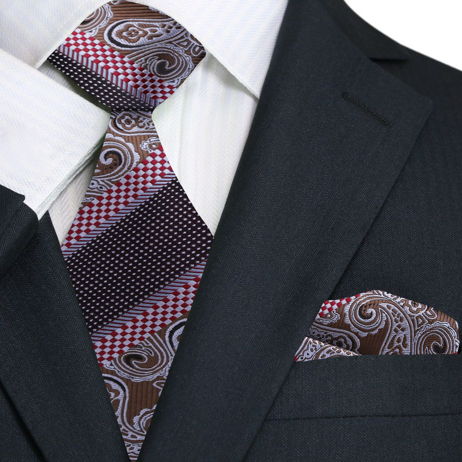 Brown, Red Paisley and Check Tie and Pocket Square