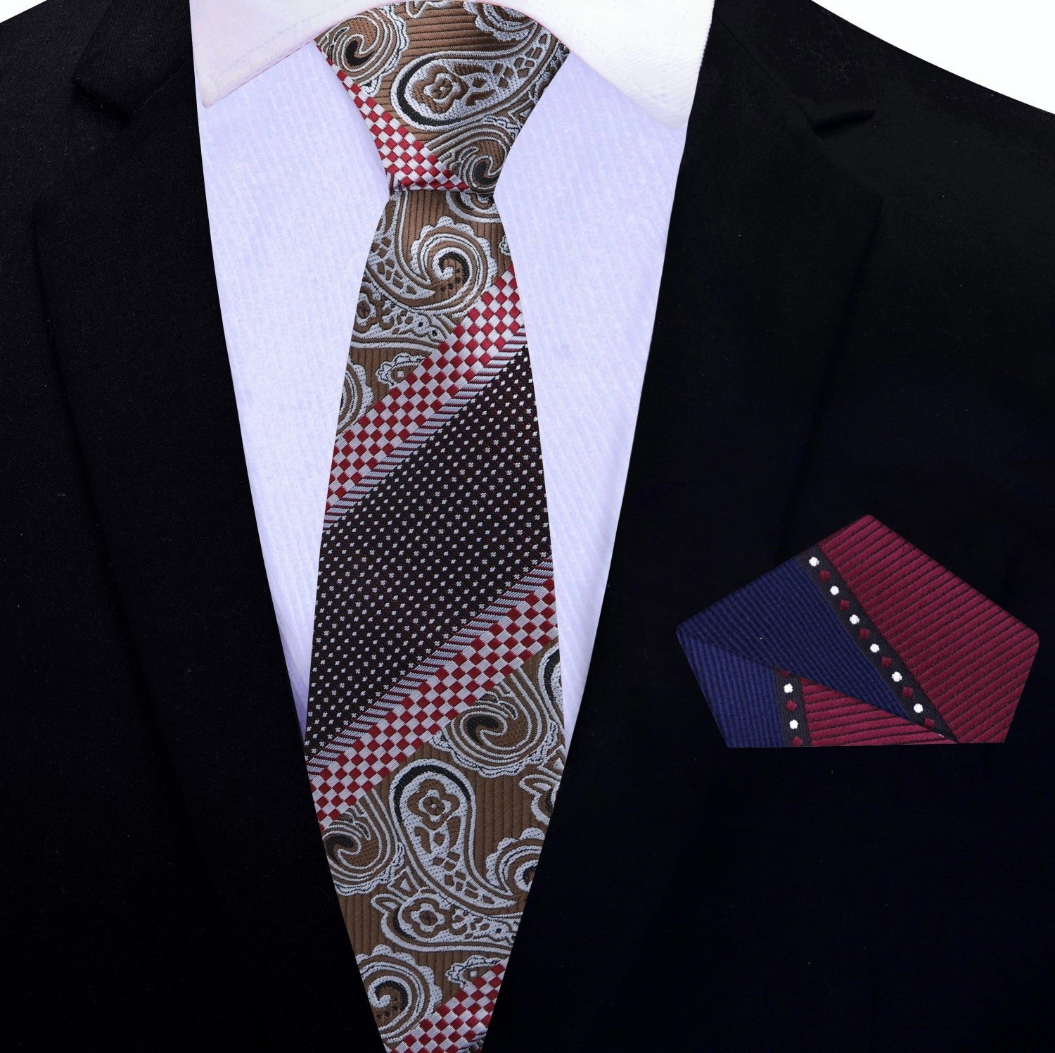 Black suit jacket with a patterned thin tie and accenting pocket square on a white background