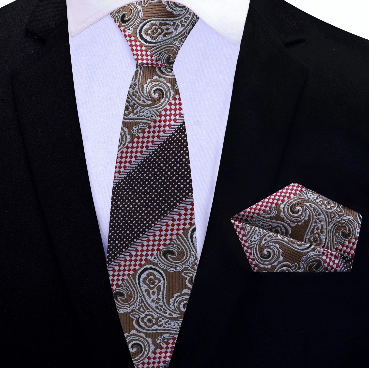 Patterned paisley red and blue thin tie and pocket square set on a black suit jacket.