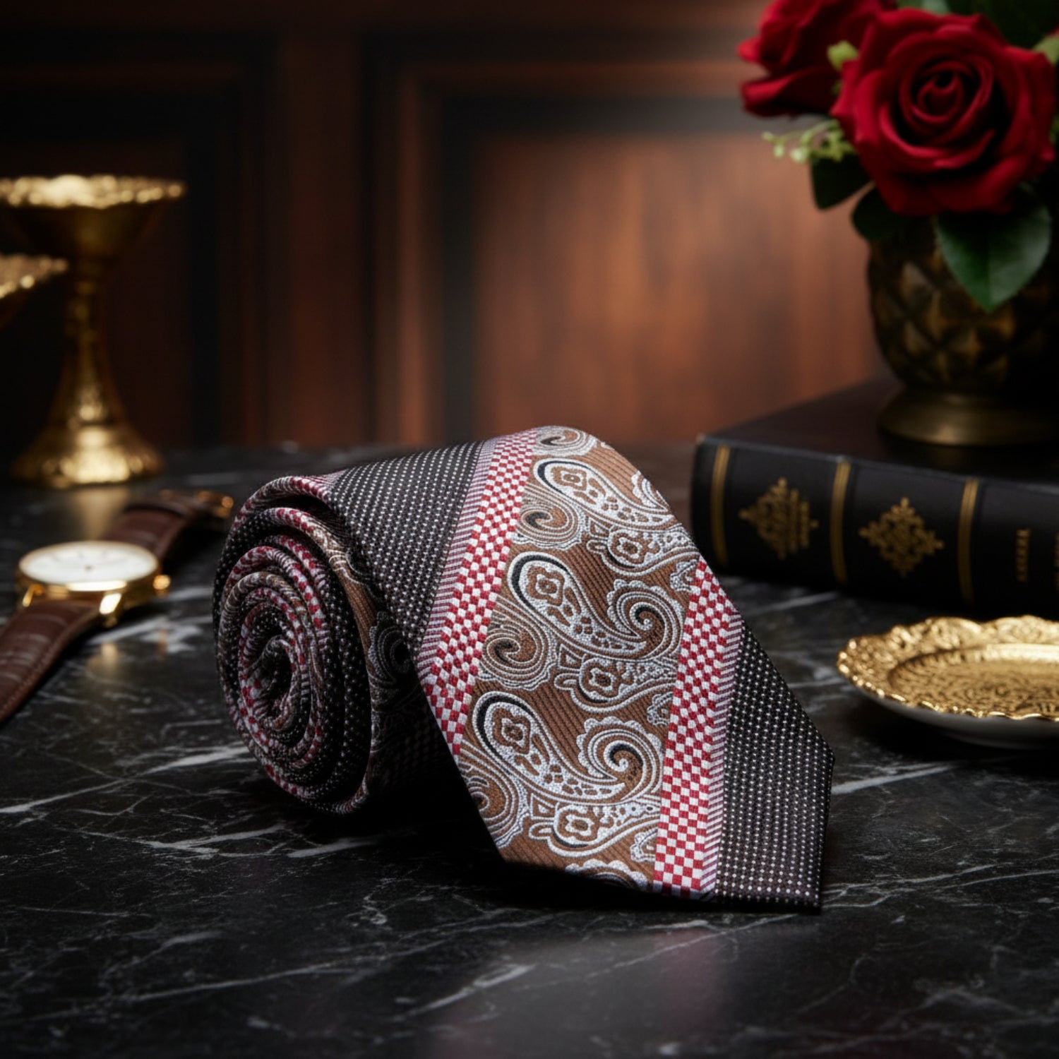 Patterned tie with checkered and paisley designs 