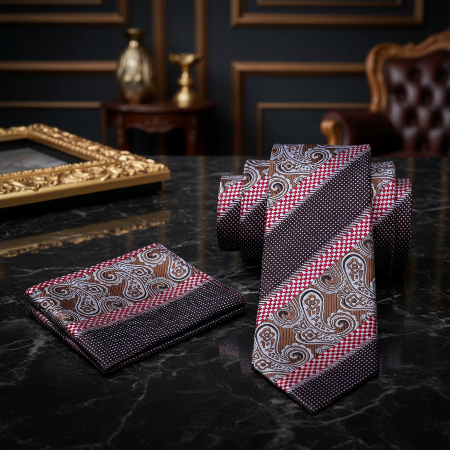 Patterned paisley red and blue tie and pocket square 