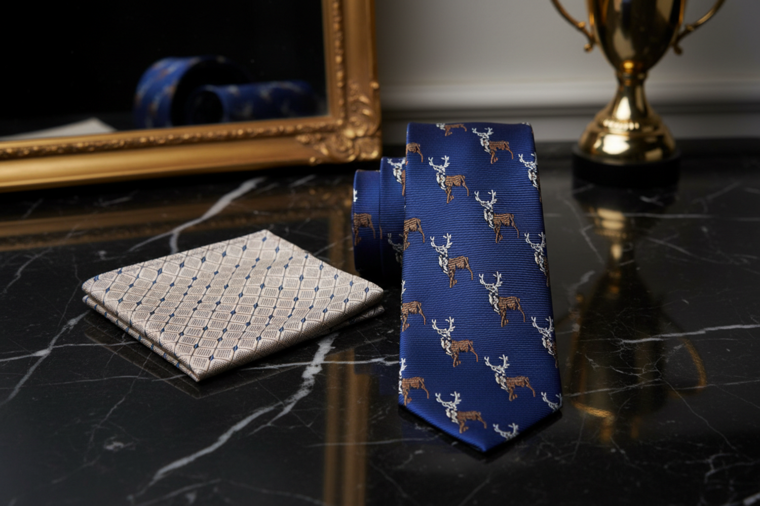 Alt View: Blue, Brown Antlered Deer Tie and Light Brown, Blue Geometric Square