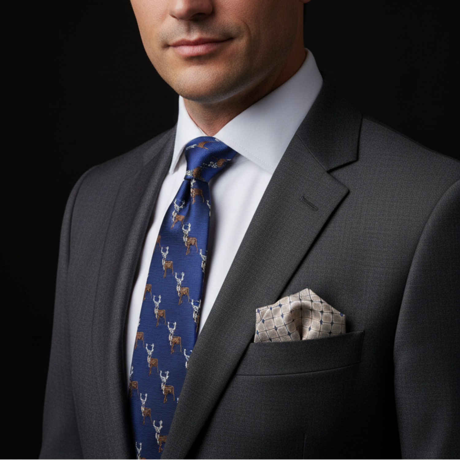Man wearing a gray suit with a blue tie featuring deer pattern and matching pocket square on a black background