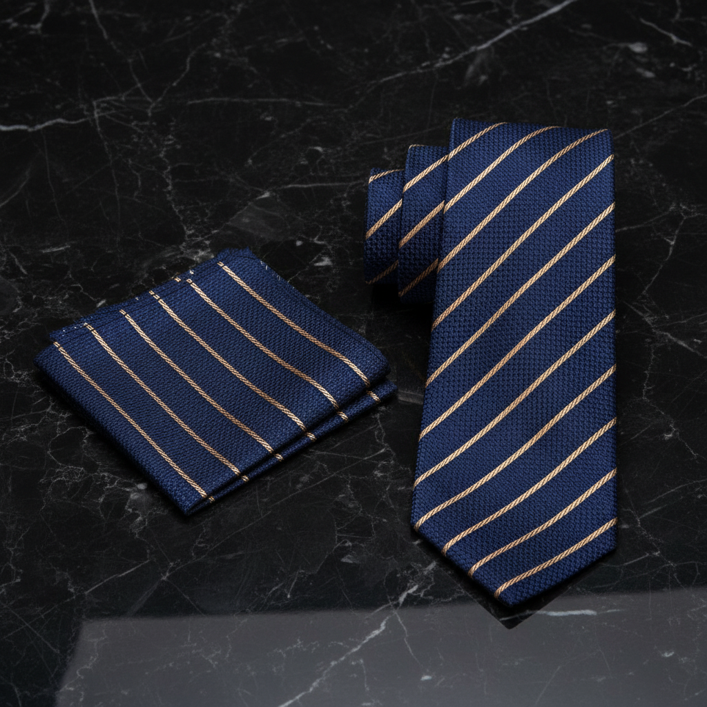 Navy blue tie with gold stripes and matching pocket square on a white background
