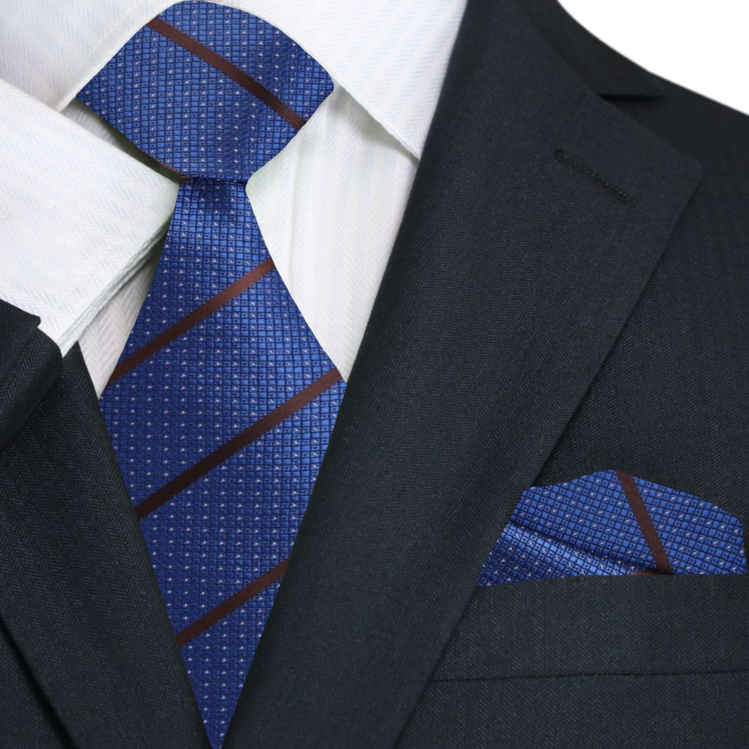 Premium Blue, Brown, Striped Tie and Square
