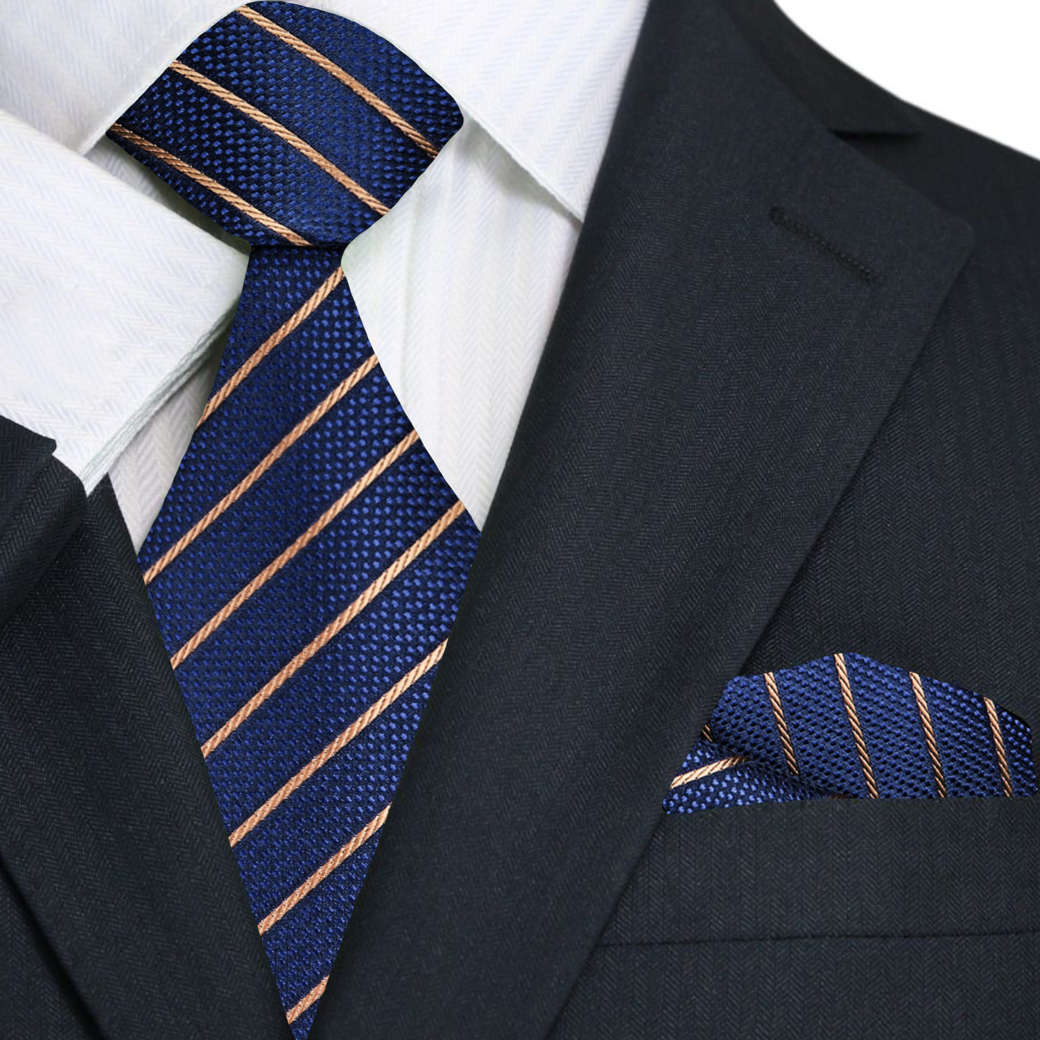 Navy suit with a matching striped tie and pocket square.