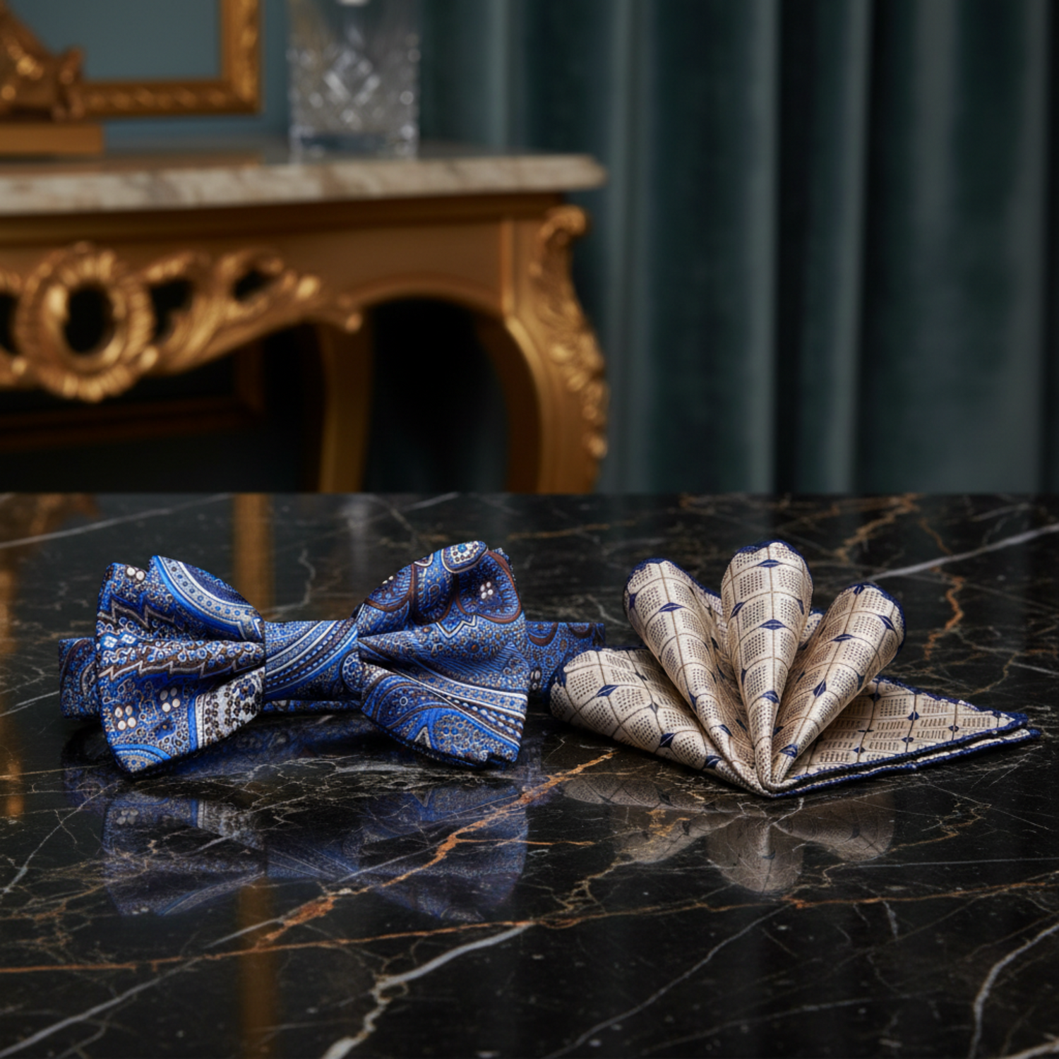Blue, Brown, White Paisley Bow Tie and accenting square