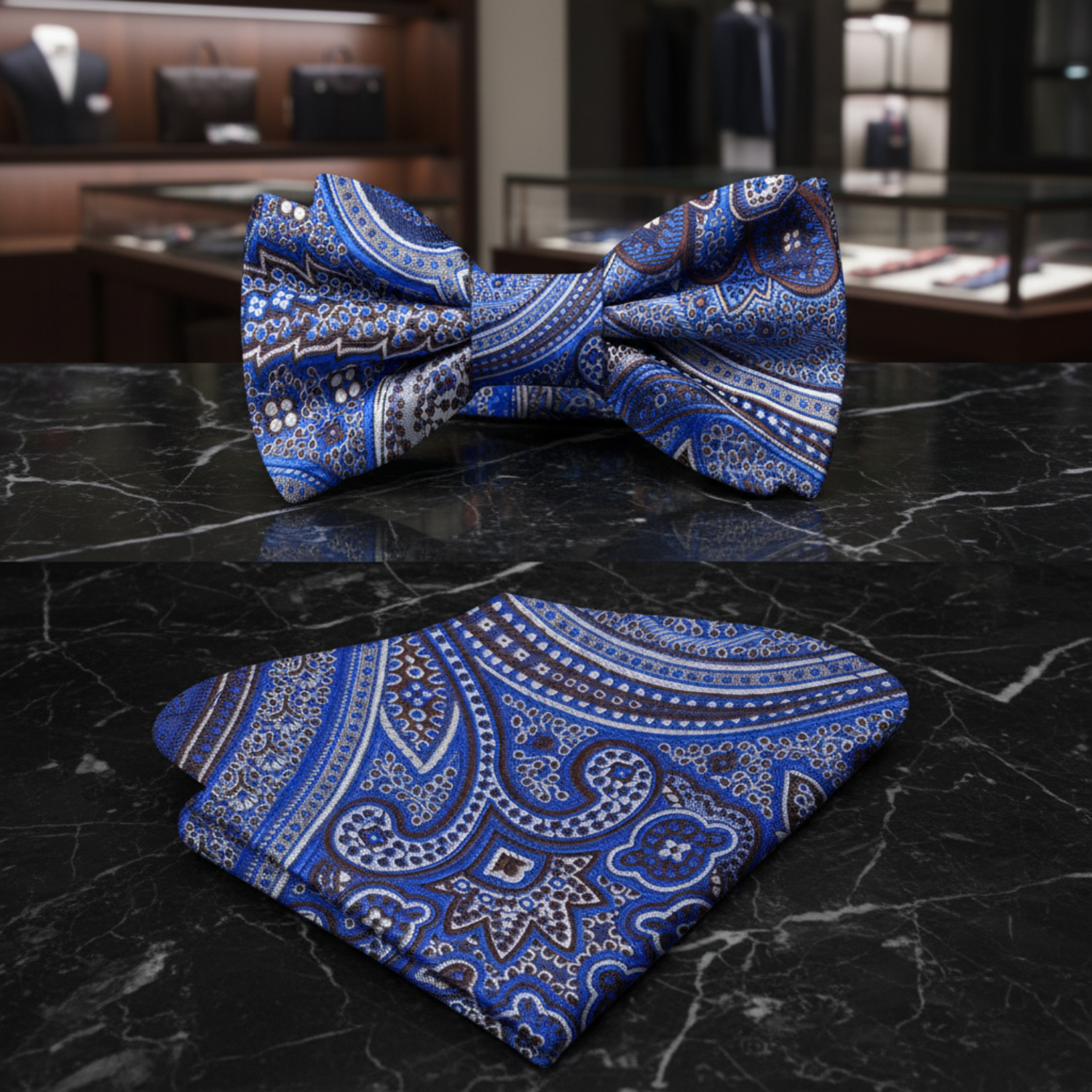 Blue, Brown, White Paisley Bow Tie and Square