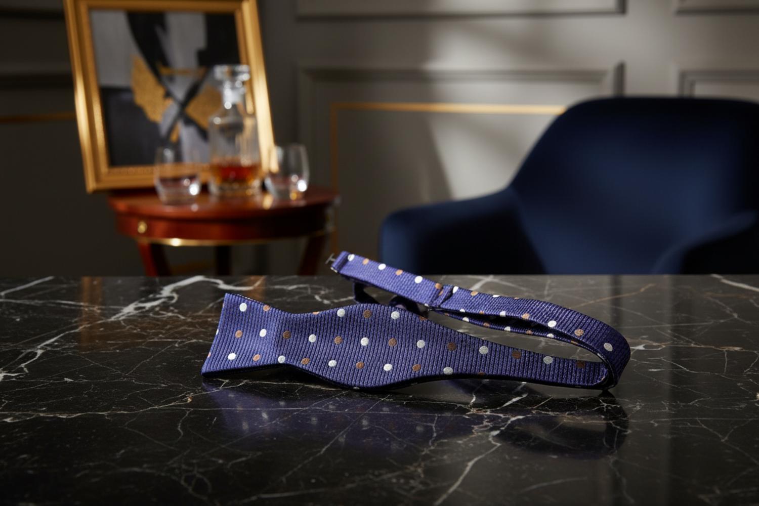 A Blue, Brown Polka Dot Pattern Self Tie Bow Tie 
