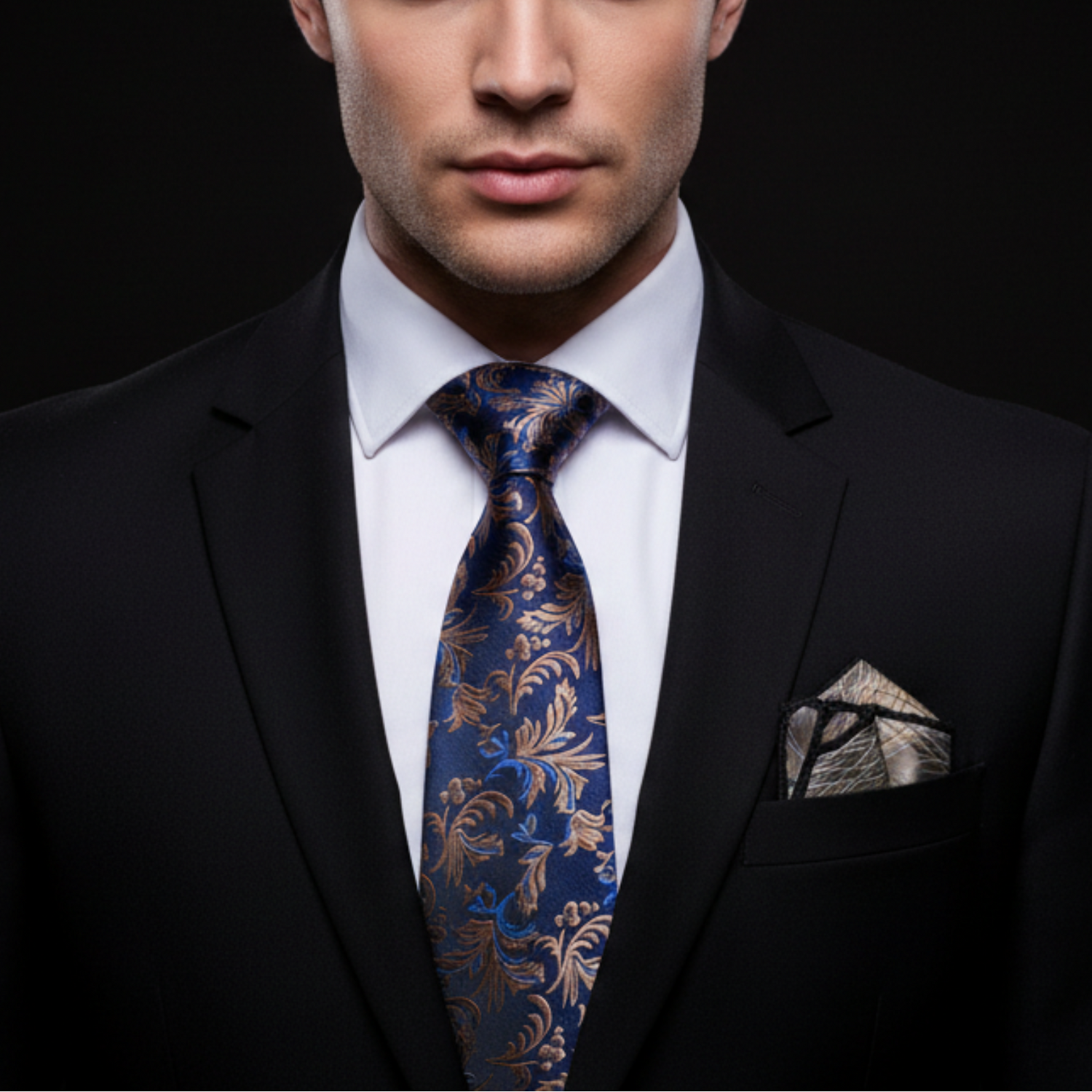 Dark Blue Necktie with Light Blue and Light Brown Intricate Vine Pattern