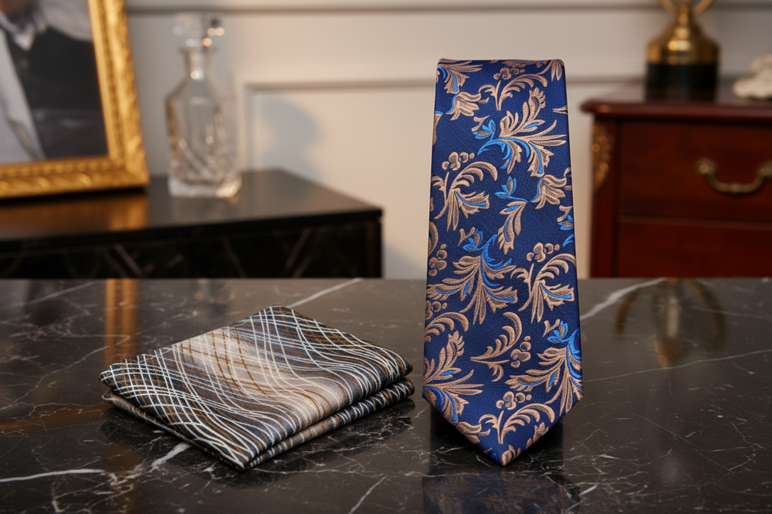 Alt Shades of Blue and Brown Floral Vines Necktie and Accenting Pocket Square