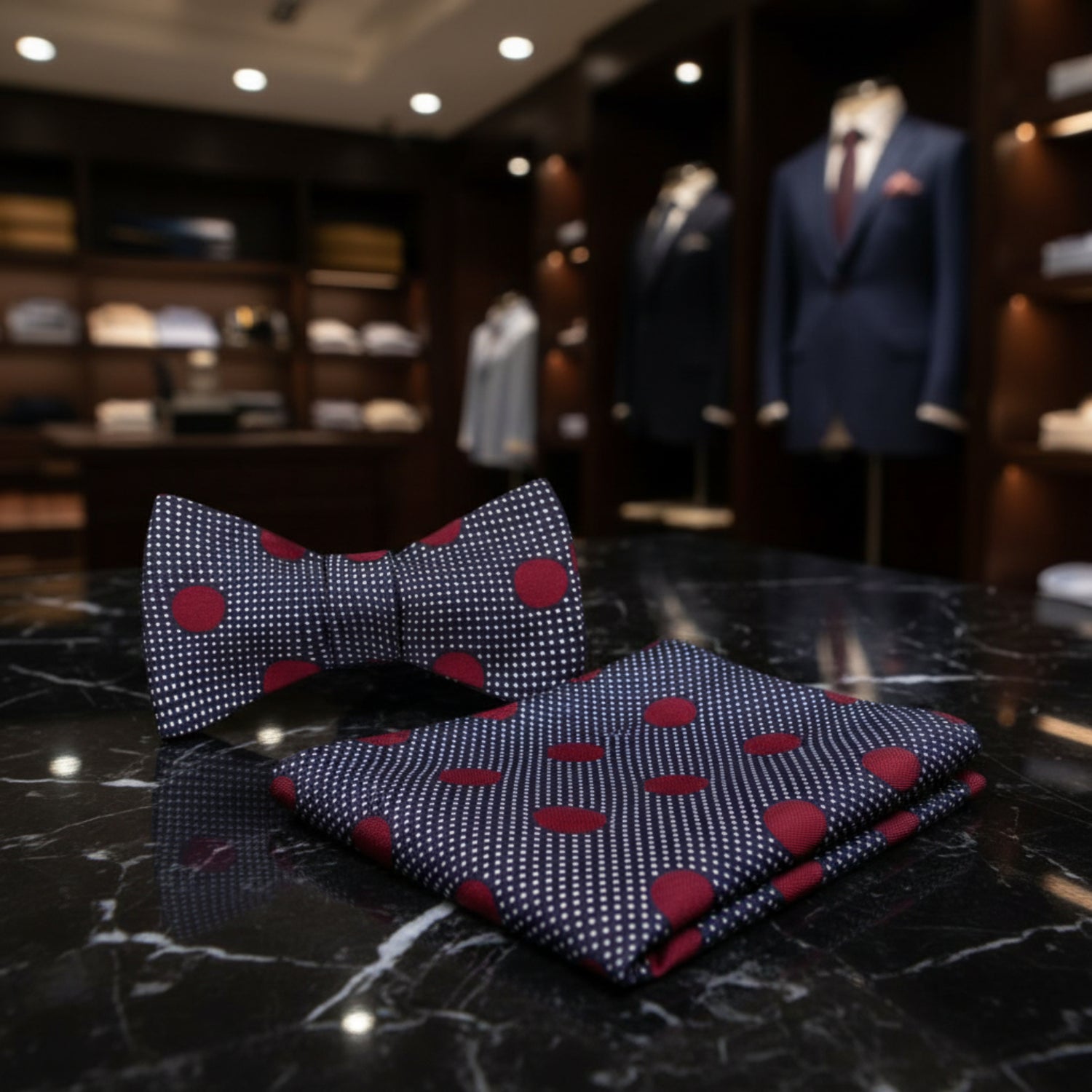 Bow tie and pocket square set with red polka dots on a white background