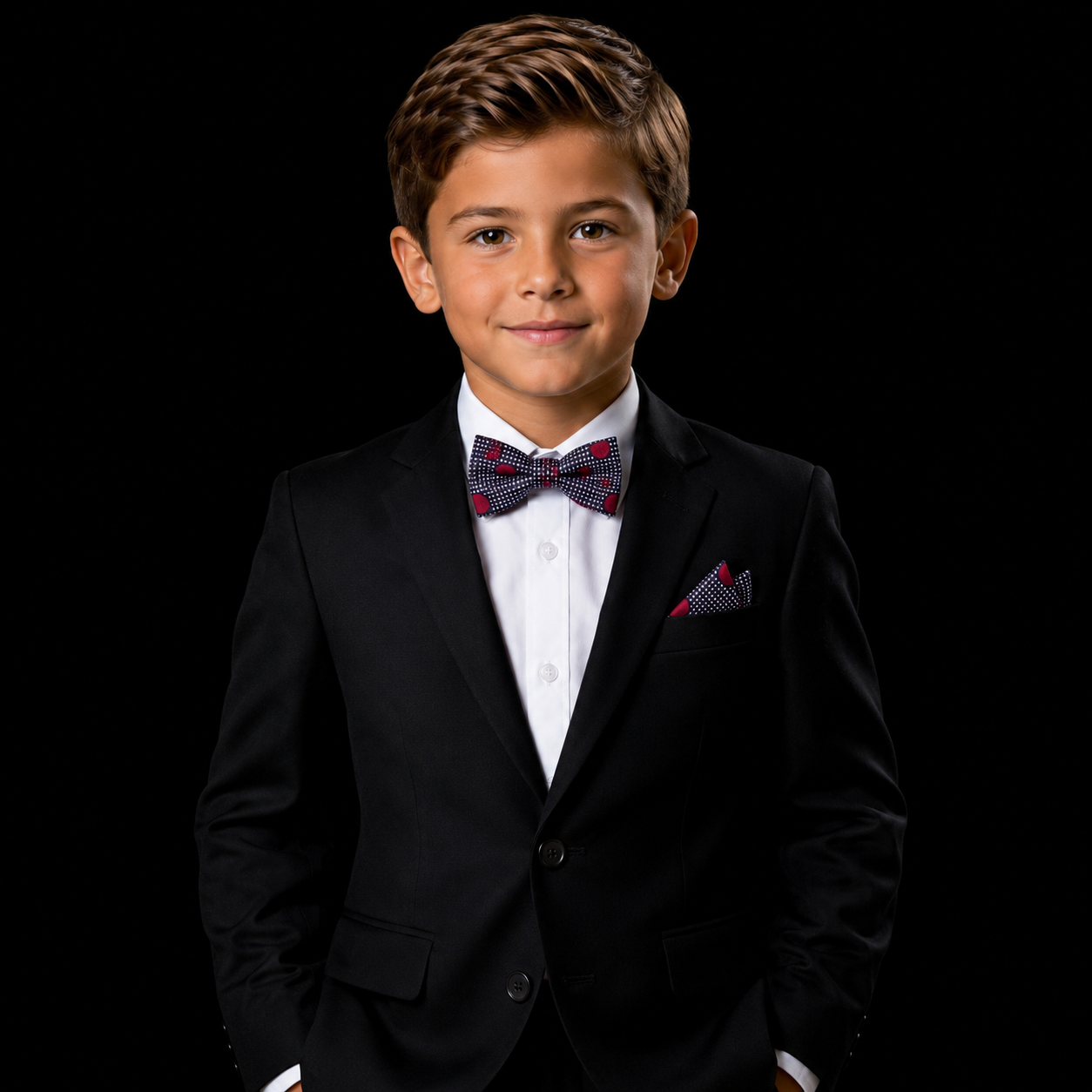 Young boy in a formal black suit with a bow tie on a black background