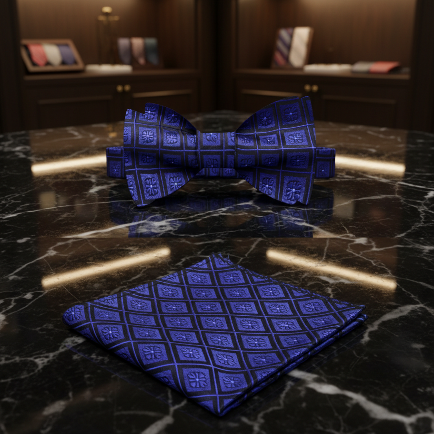A Dark Blue, Blue Geometric Squares With Small Flowers Self Tie Bow Tie, Matching Pocket Square