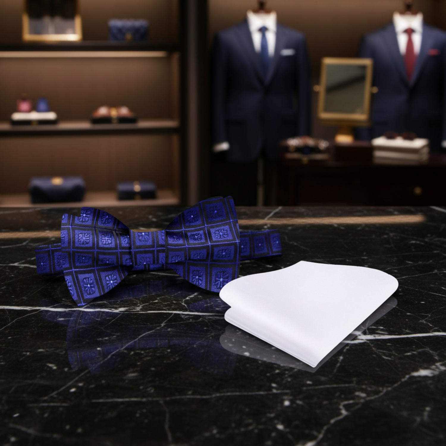 A Dark Blue, Blue Geometric Squares With Small Flowers Self Tie Bow Tie, White Pocket Square