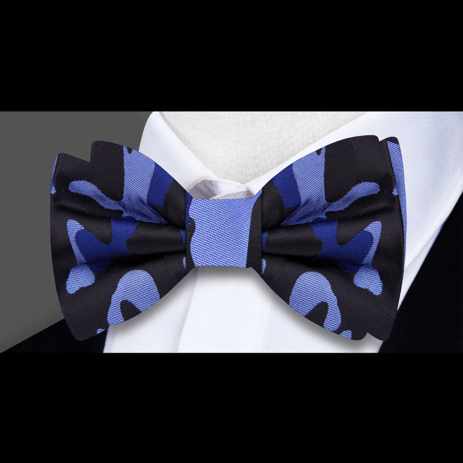 A Blue, Light Blue, Black Color Fleck Camouflage Pattern Bow Tie 