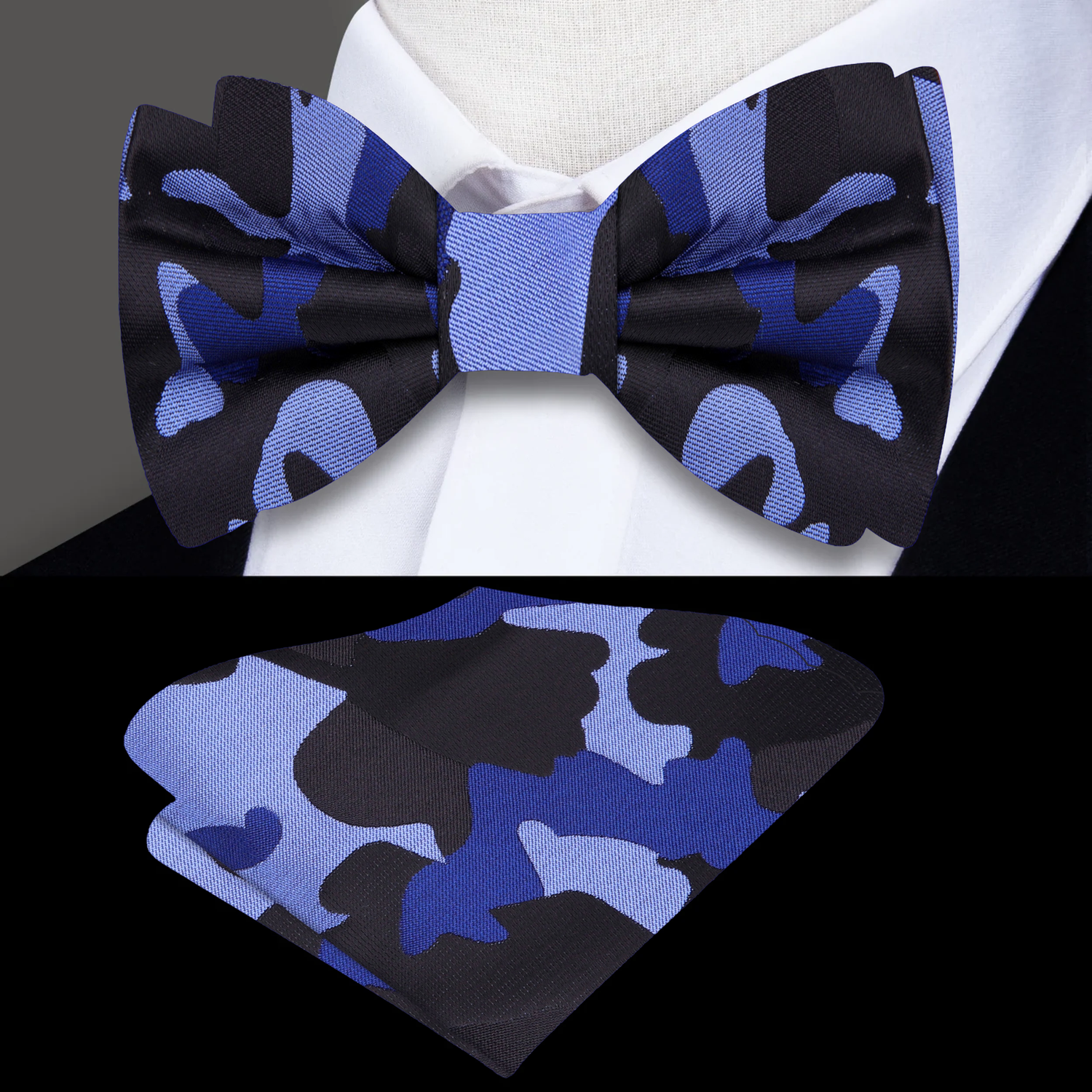 Main View: A Blue, Light Blue, Black Color Fleck Camouflage Pattern Bow Tie, Pocket Square||Blue