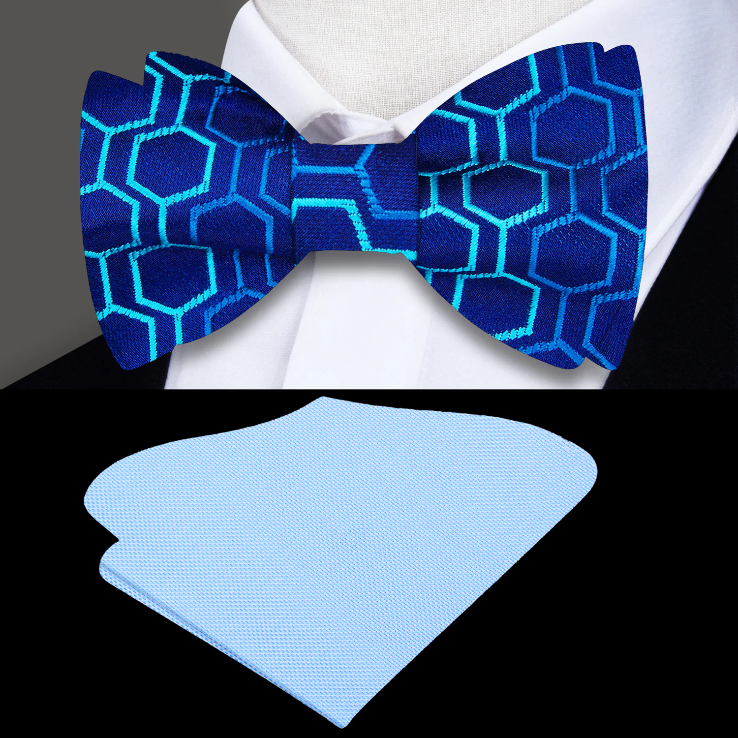 Blue geometric patterned bow tie and light blue pocket square on a mannequin.