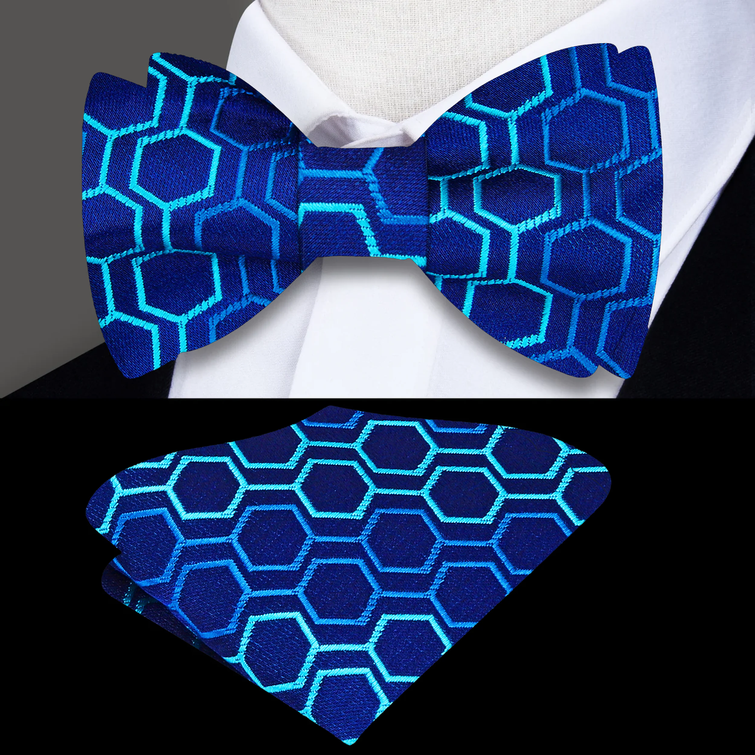 Main: A Blue, Light Blue Geometric Diamond Pattern Bow Tie, Matching Pocket Square
