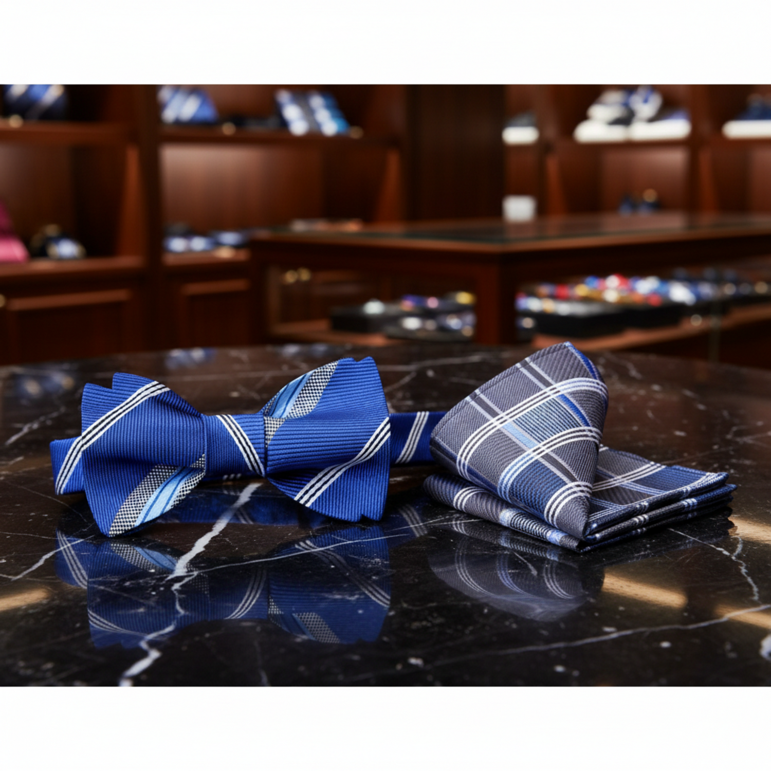 Blue, Grey Stripe Bow Tie and Accenting Check Square