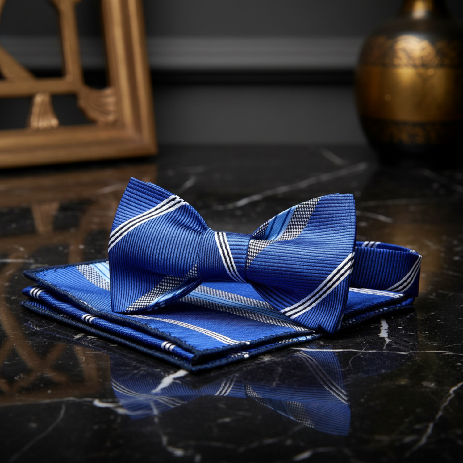 A Blue, Grey, White Stripe Pattern Self Tie Bow Tie, With Matching Pocket Square