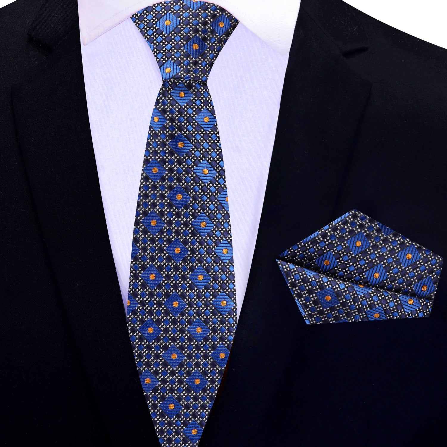 Thin Tie: Blue Geometric Tie and Square