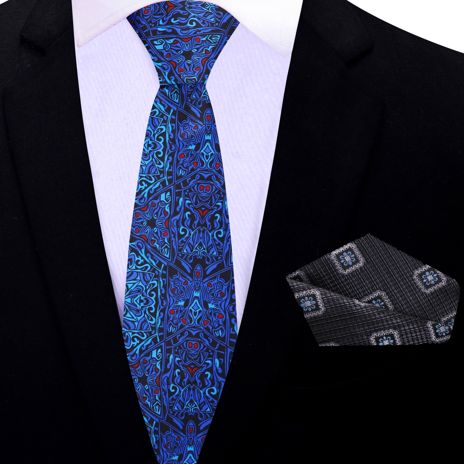 Thin Shades of Blue Abstract Necktie and Charcoal, Black and Blue Geometric Square