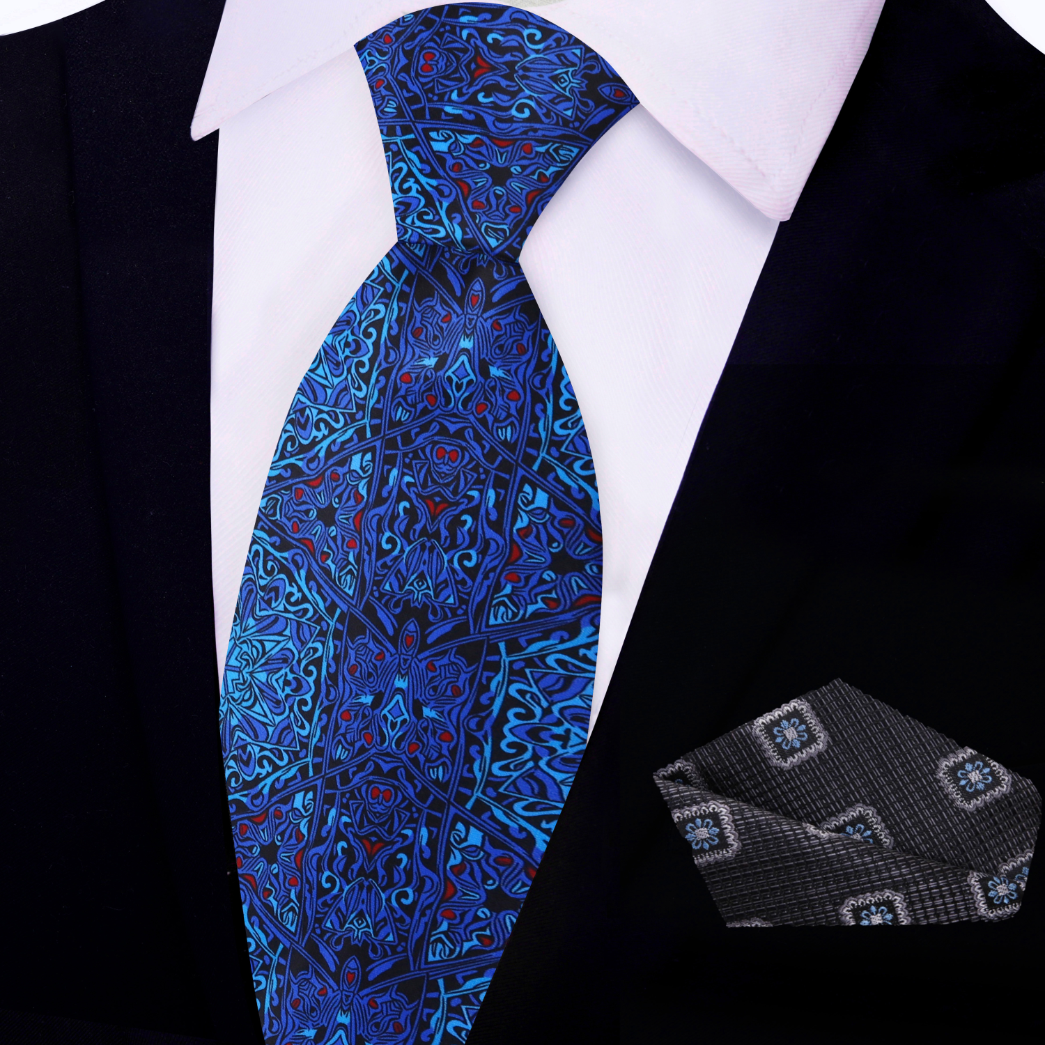 View 2 Shades of Blue Abstract Necktie and Charcoal, Black and Blue Geometric Square