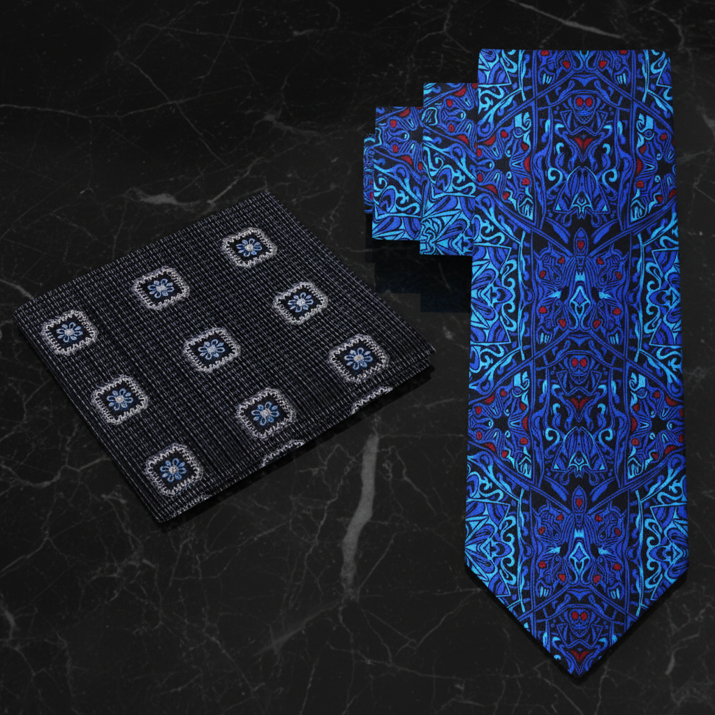 Alt Shades of Blue Abstract Necktie and Charcoal, Black and Blue Geometric Square