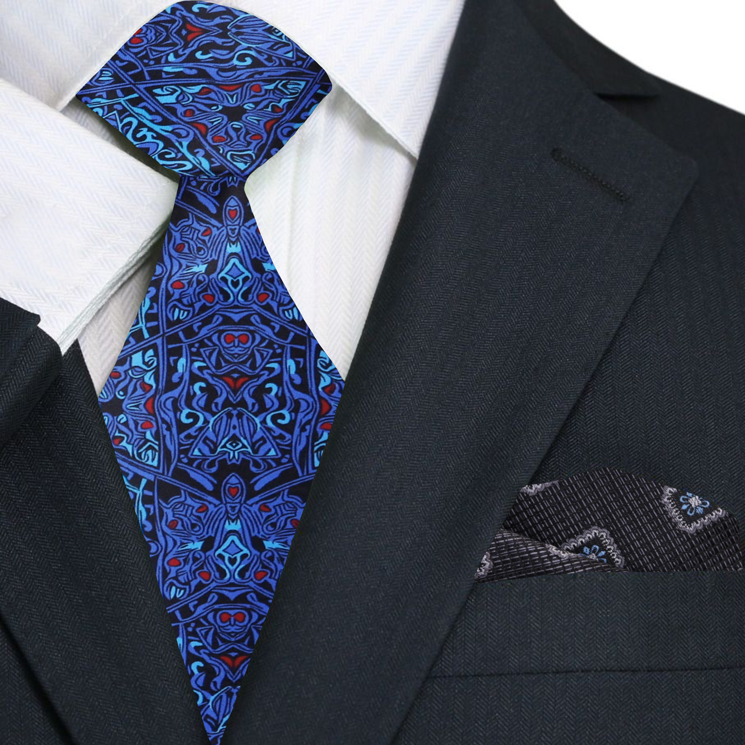 Shades of Blue Abstract Necktie and Charcoal, Black and Blue Geometric Square