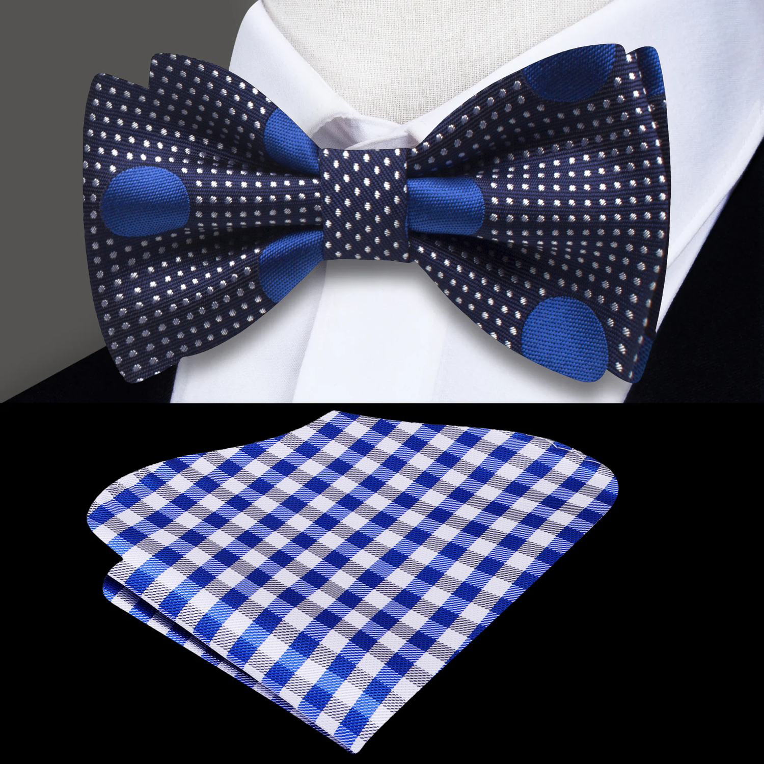 Dark Blue, Blue Polka Bow Tie and Accenting Pocket Square