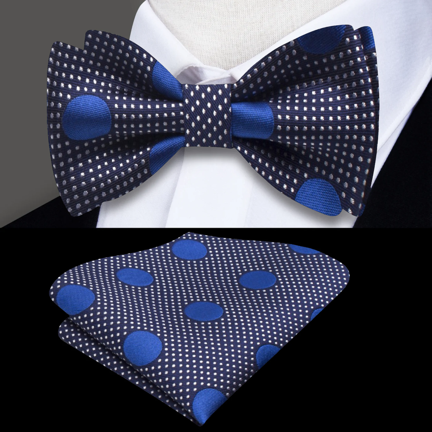 Dark Blue, Blue Polka Bow Tie and Pocket Square
