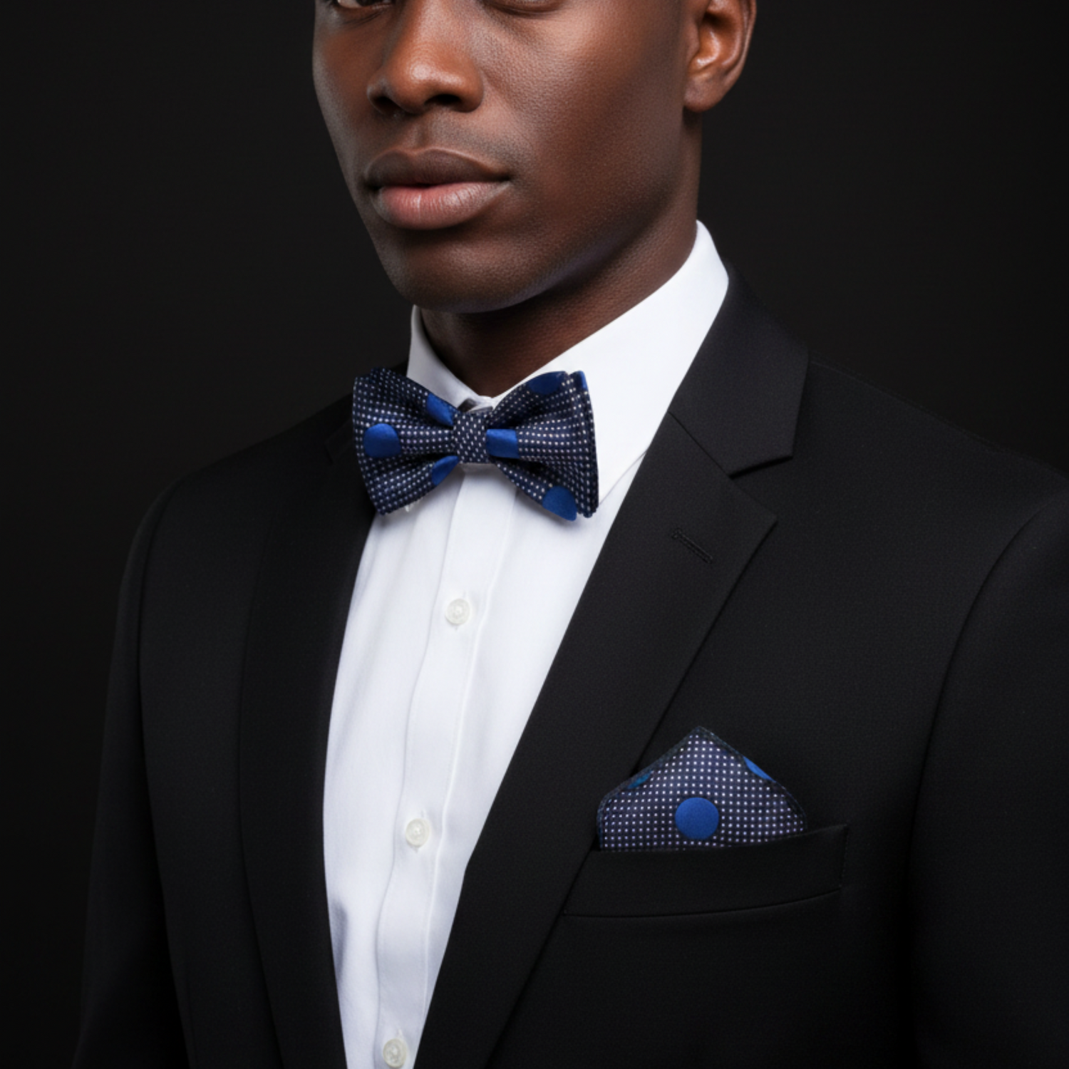 Man wearing a black suit with a blue bow tie and pocket square on a dark background