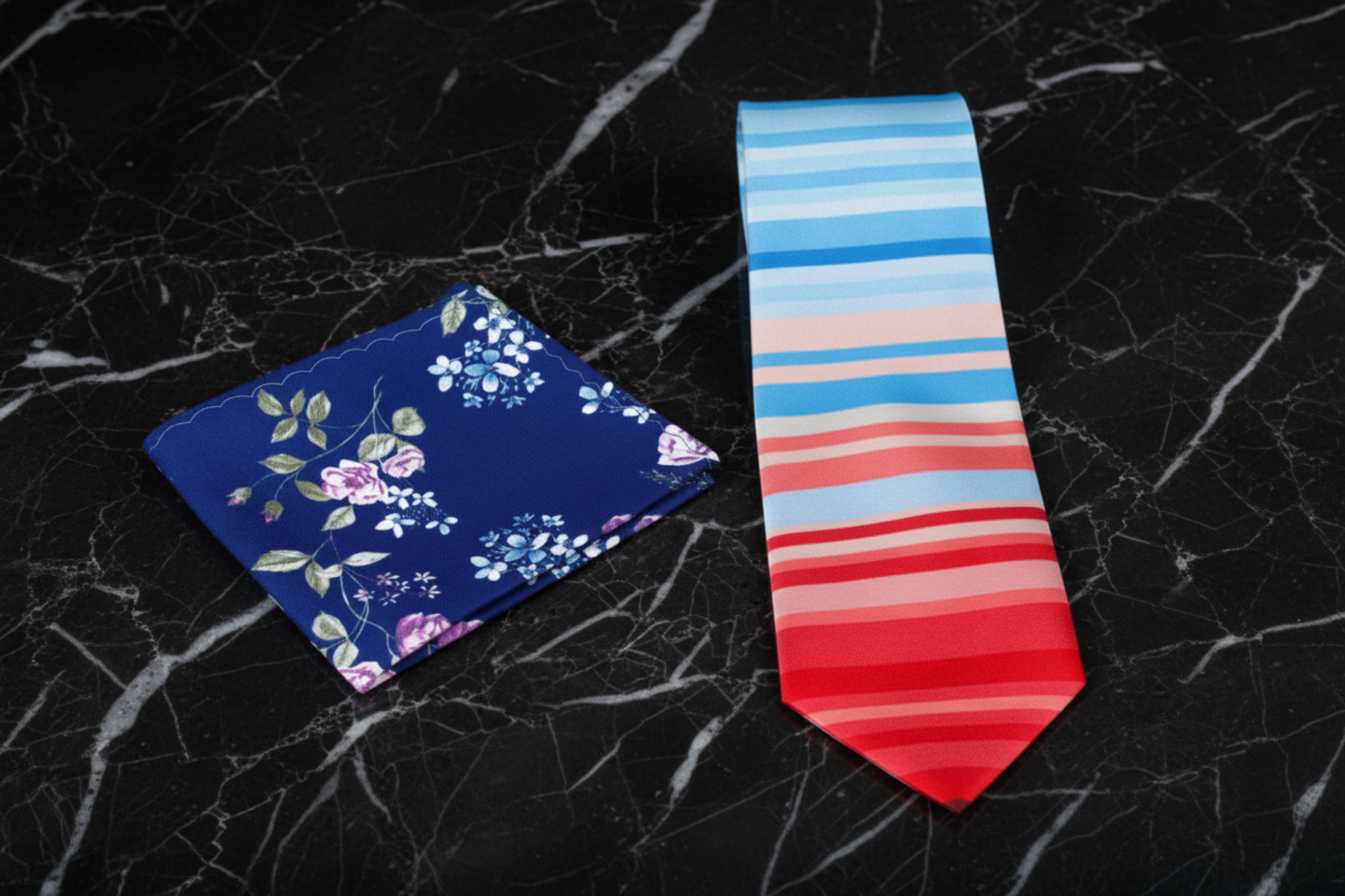 Blue and Red lined necktie and accenting blue floral square