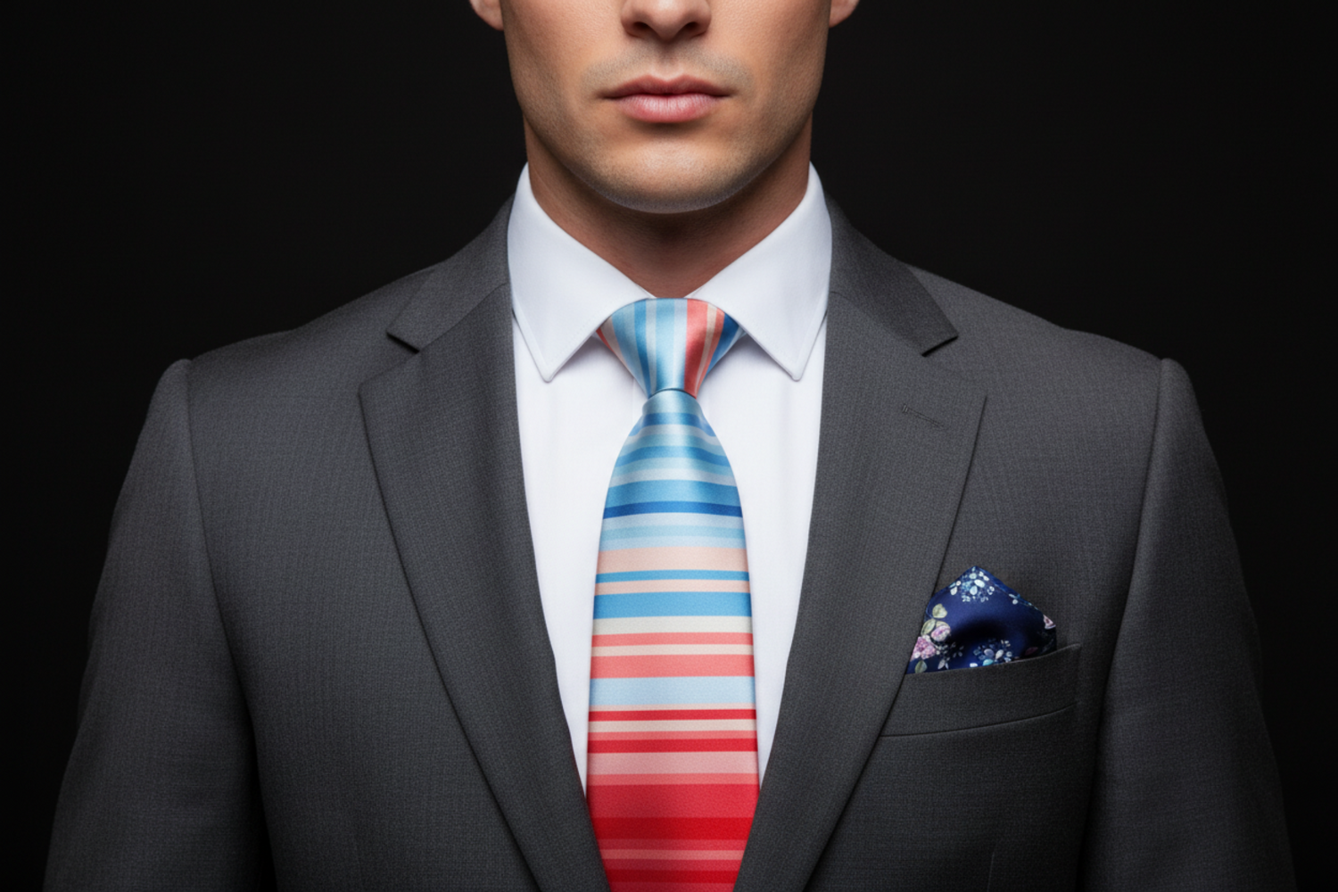 Man wearing a gray suit with a colorful striped tie and pocket square on a black background