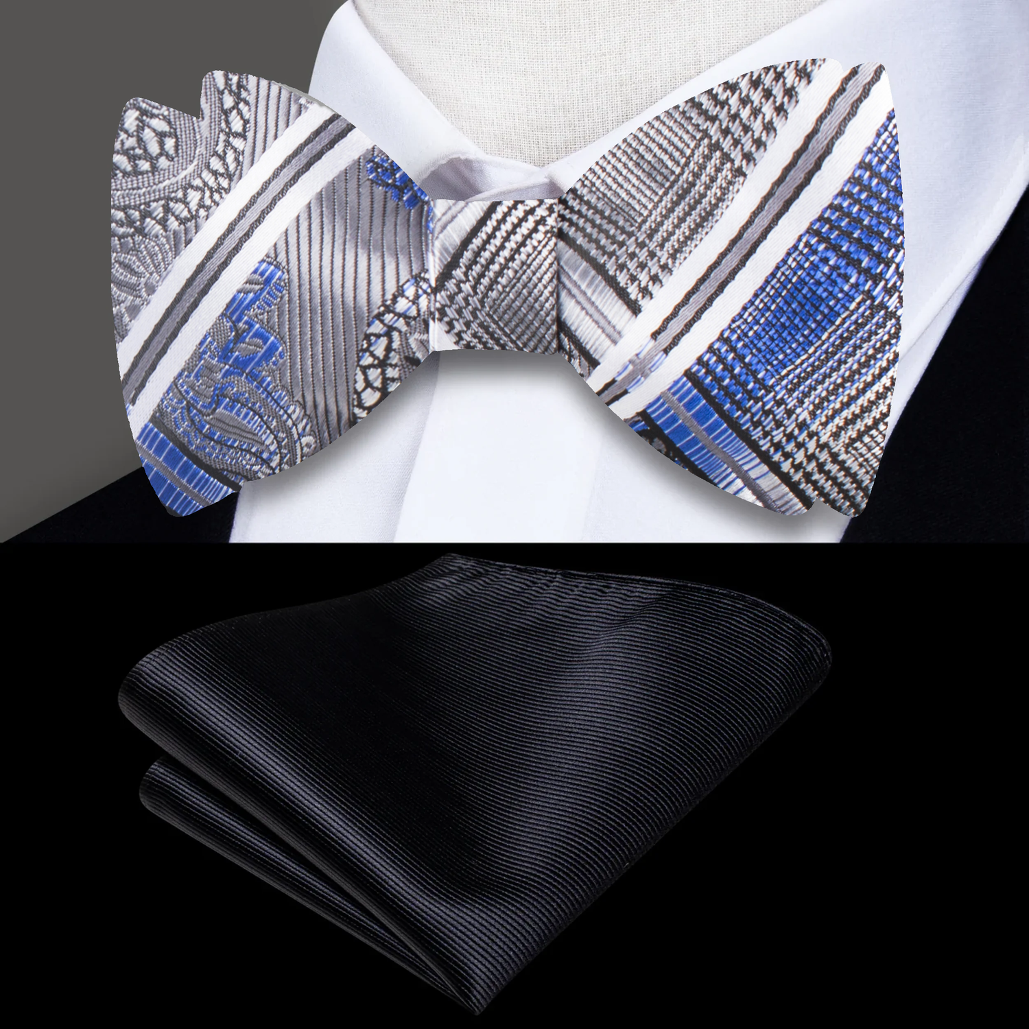 A Silver, Black, Blue Geometric and Paisley Pattern Self Tie Bow Tie, Black Pocket Square