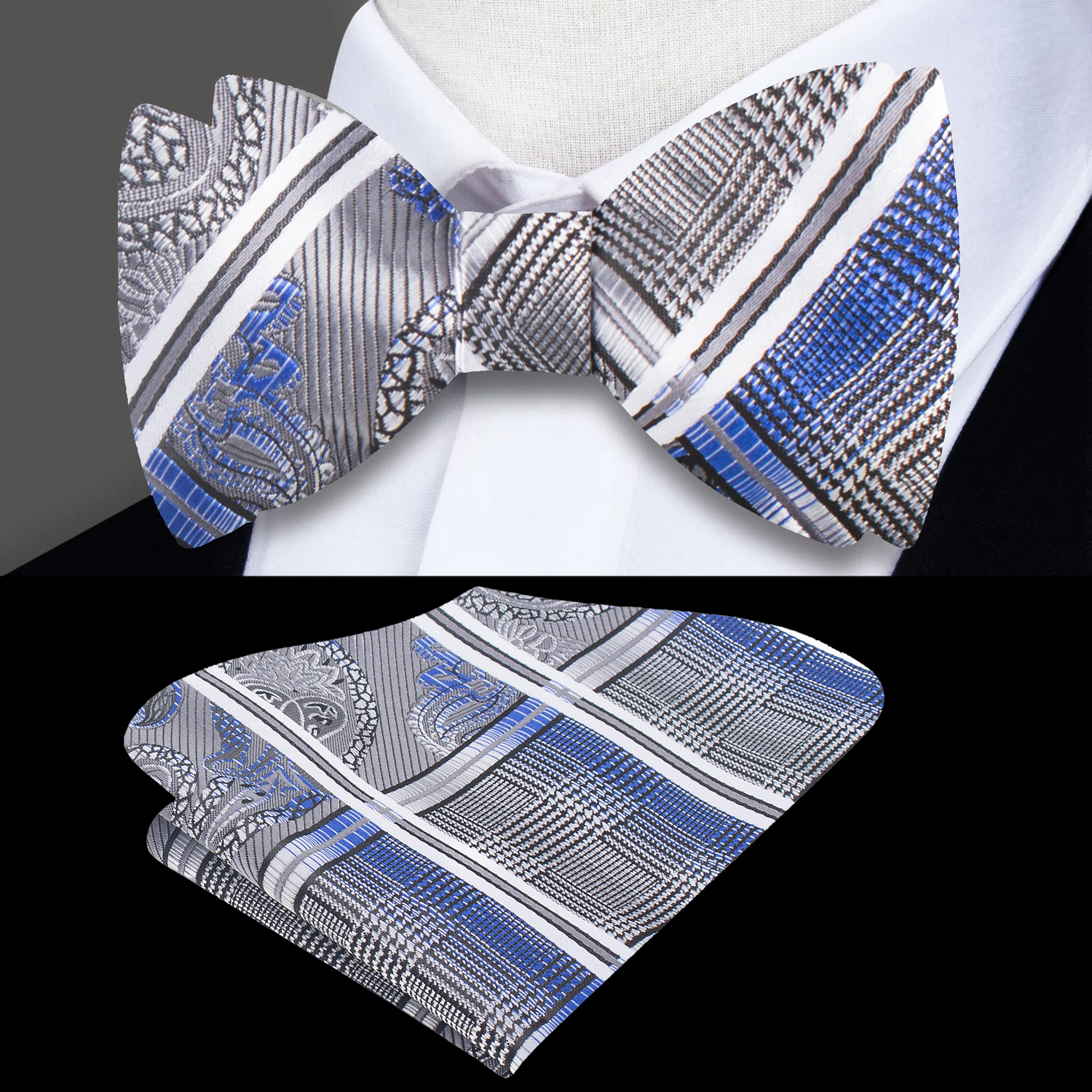 Main: A Silver, Black, Blue Geometric and Paisley Pattern Self Tie Bow Tie, Matching Pocket Square