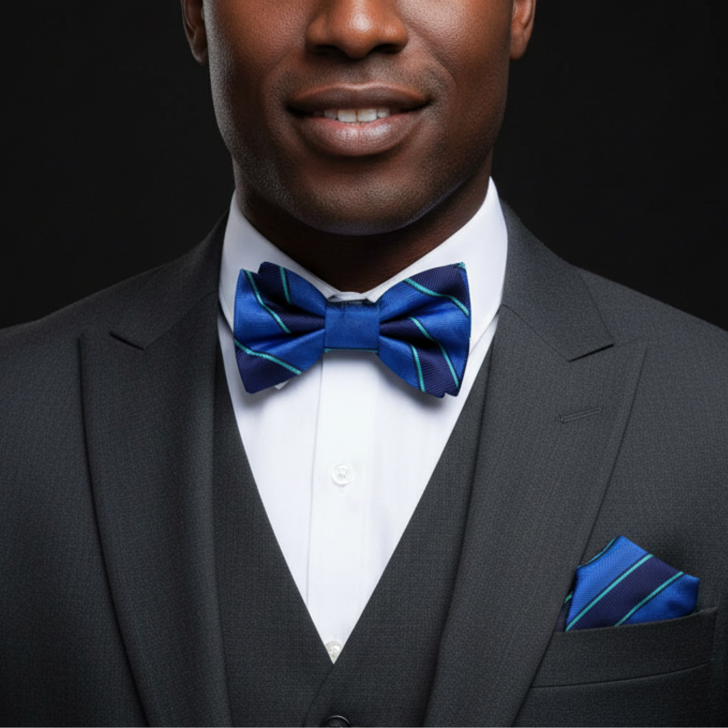 Blue Stripe Bow Tie and Square on Man