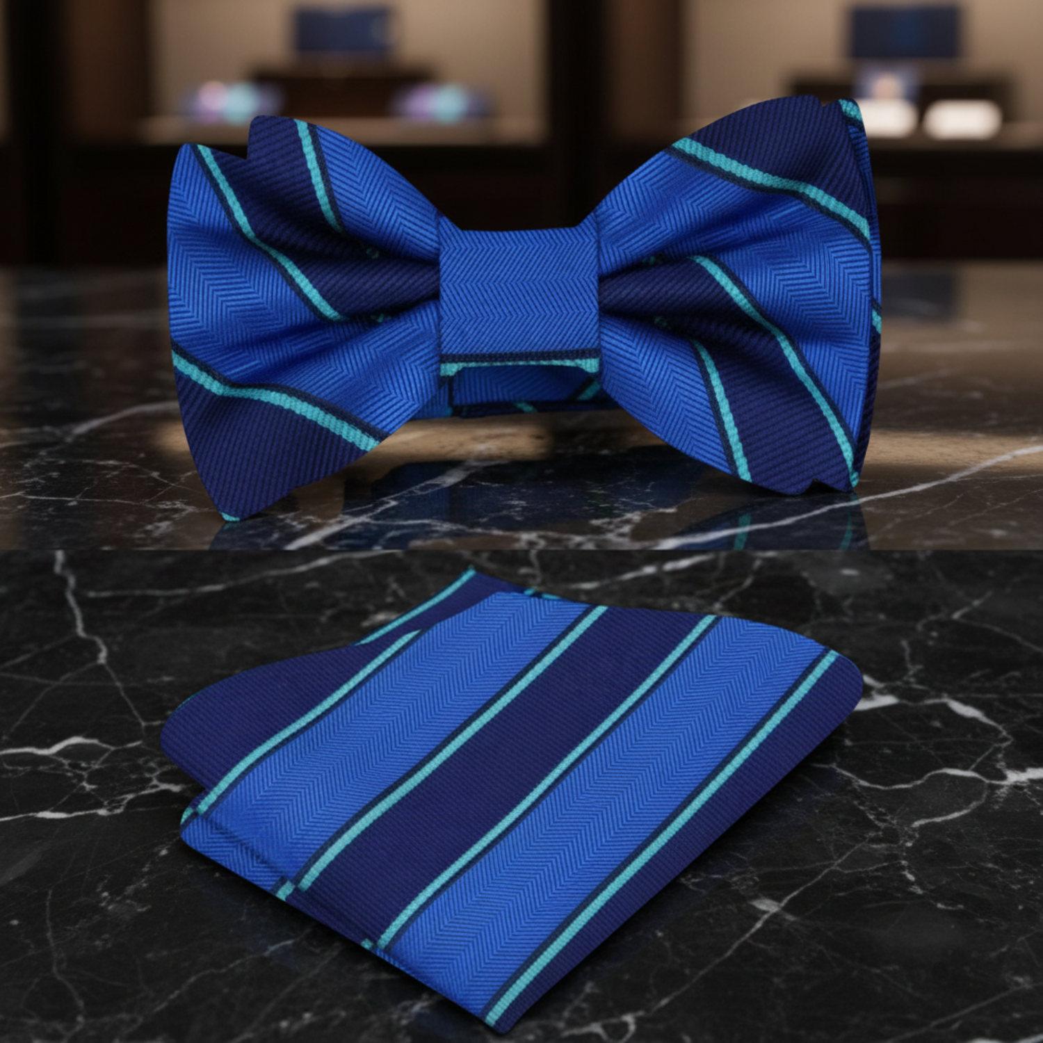 Blue, Green Block Stripe Bow Tie and Square