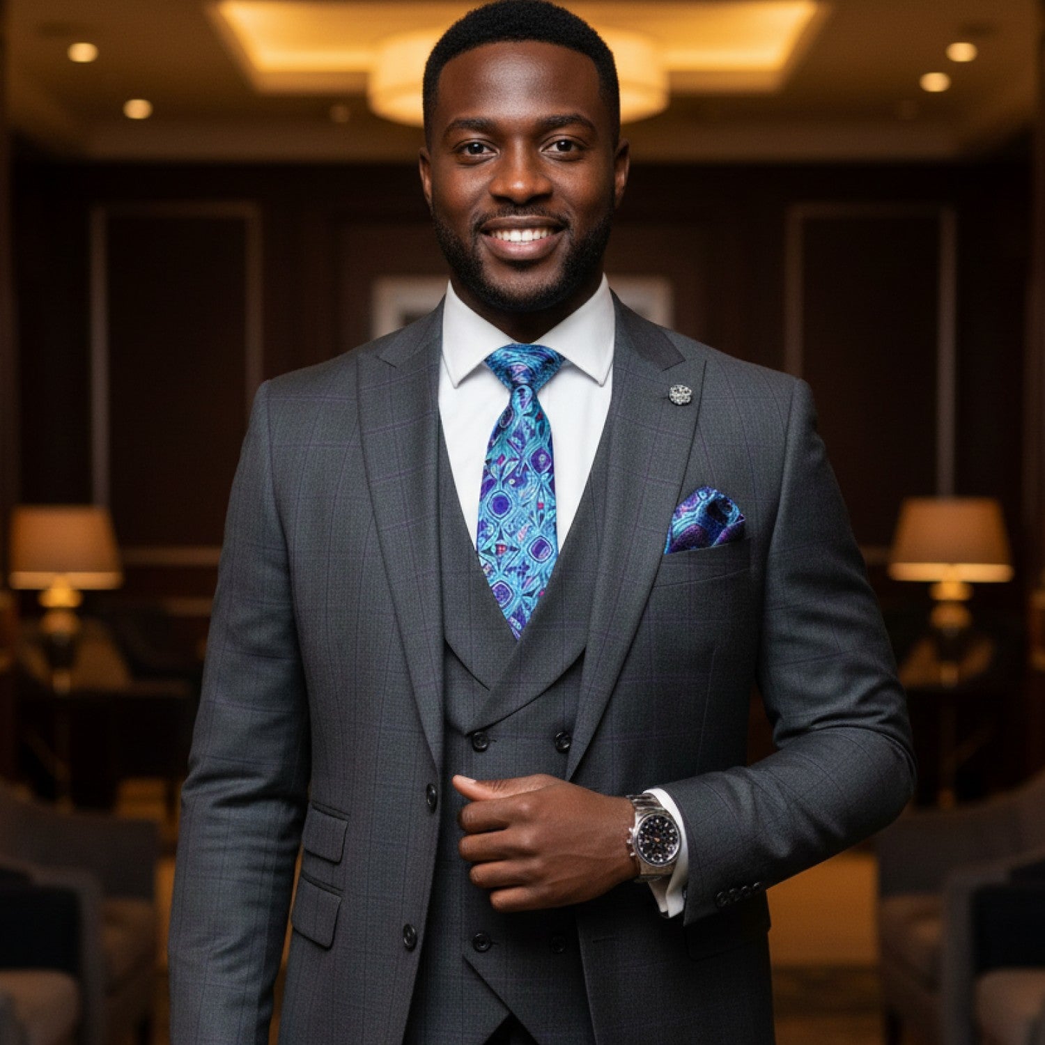 Man in a gray suit with a blue patterned tie and pocket square, standing in an indoor setting.
