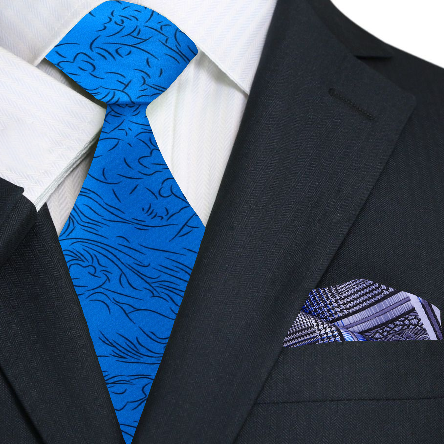 Royal Blue and Black Abstract Lines Tie with Grey, Blue Pocket Square