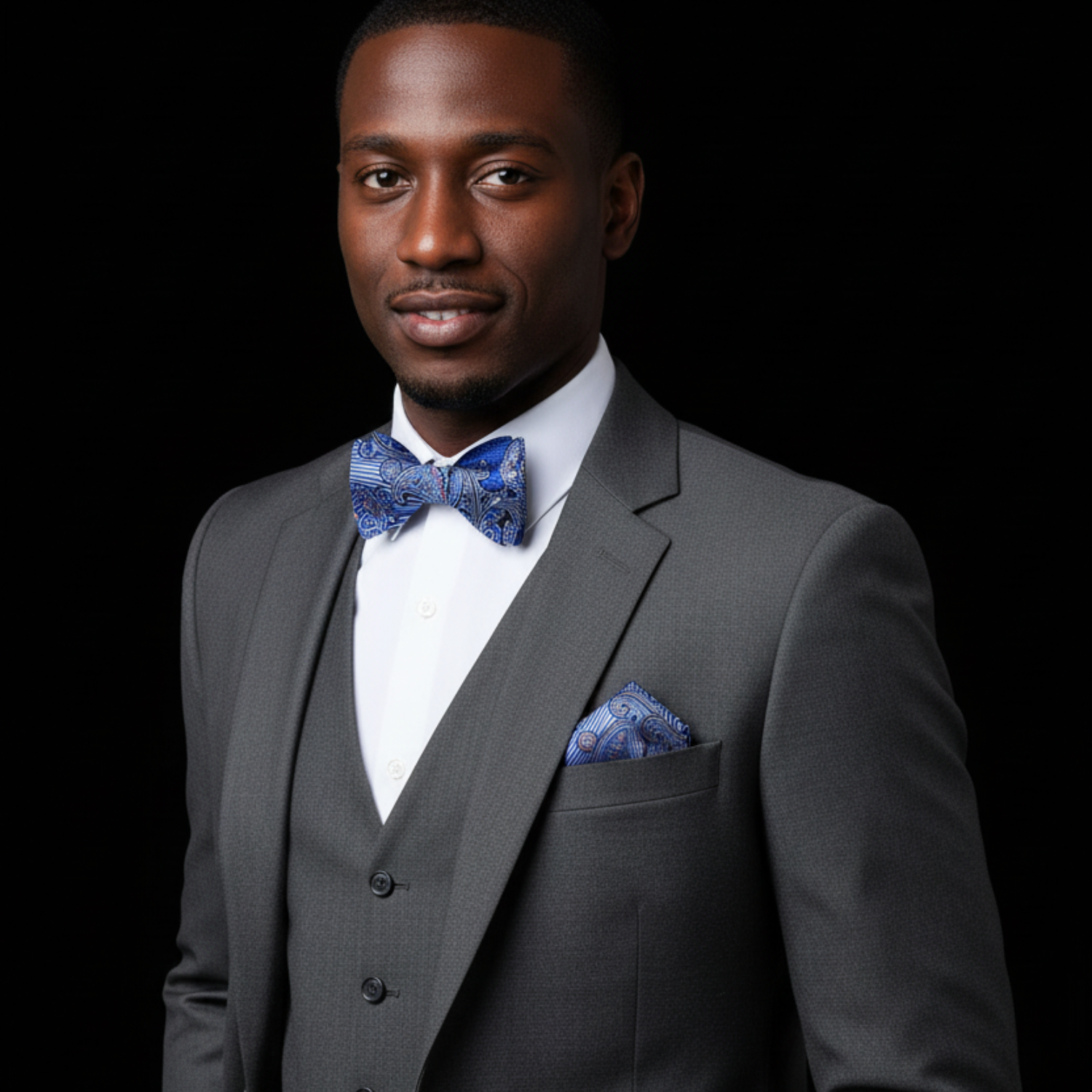 Man wearing a gray suit with a blue bow tie and pocket square on a black background