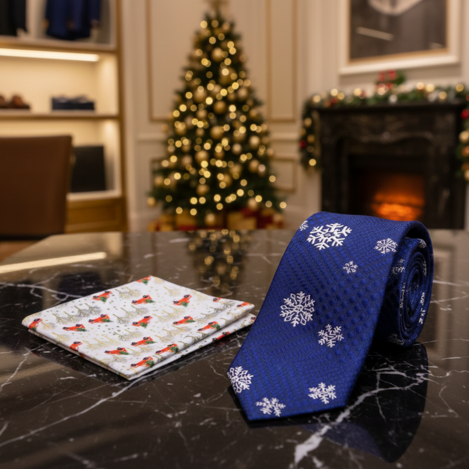 Blue, White Snowflake Tie and Accenting Pocket Square
