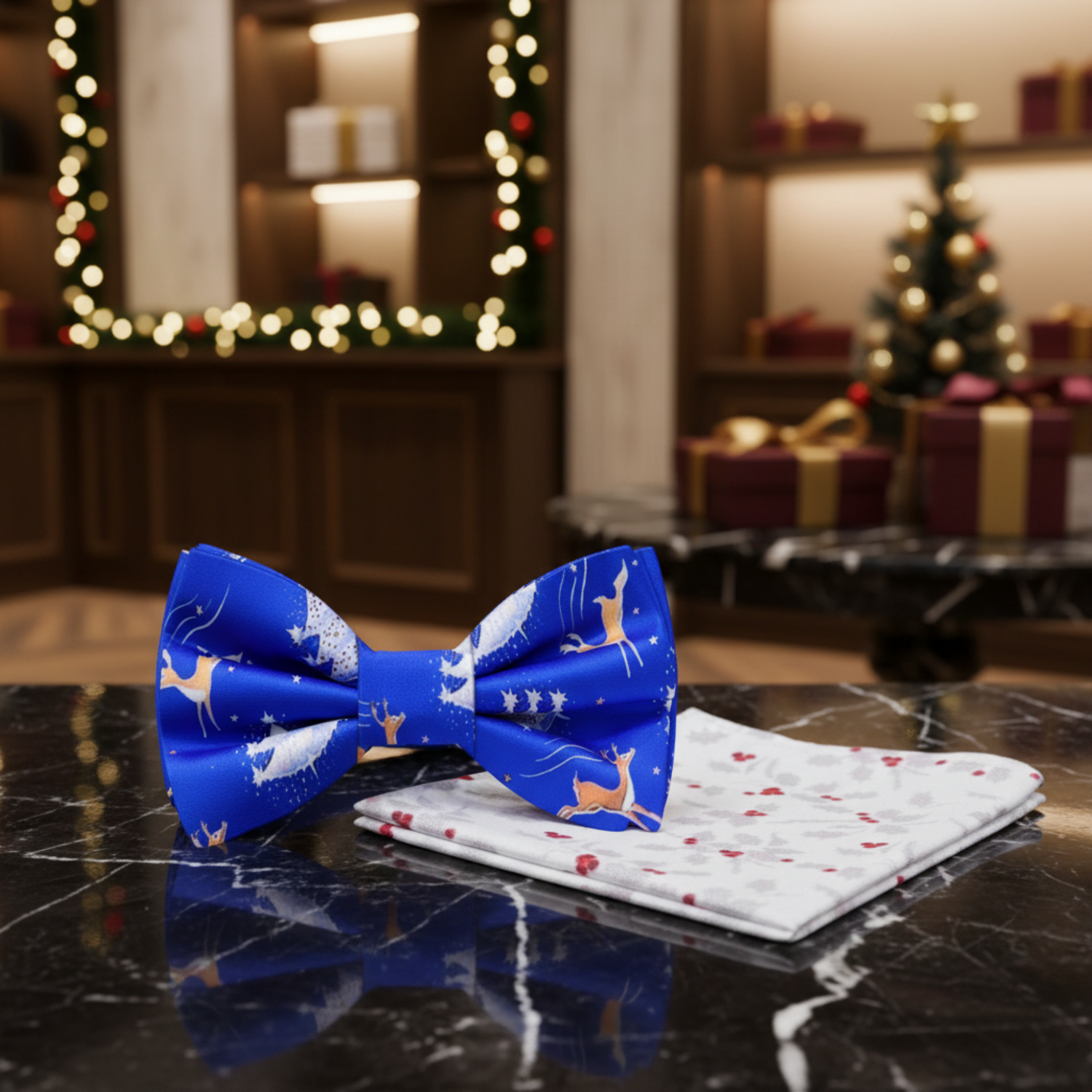 Blue Flying Reindeer Bow Tie and Accenting Square