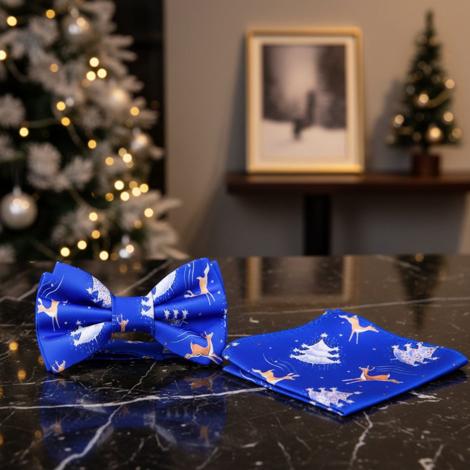 Blue Flying Reindeer Bow Tie and Square