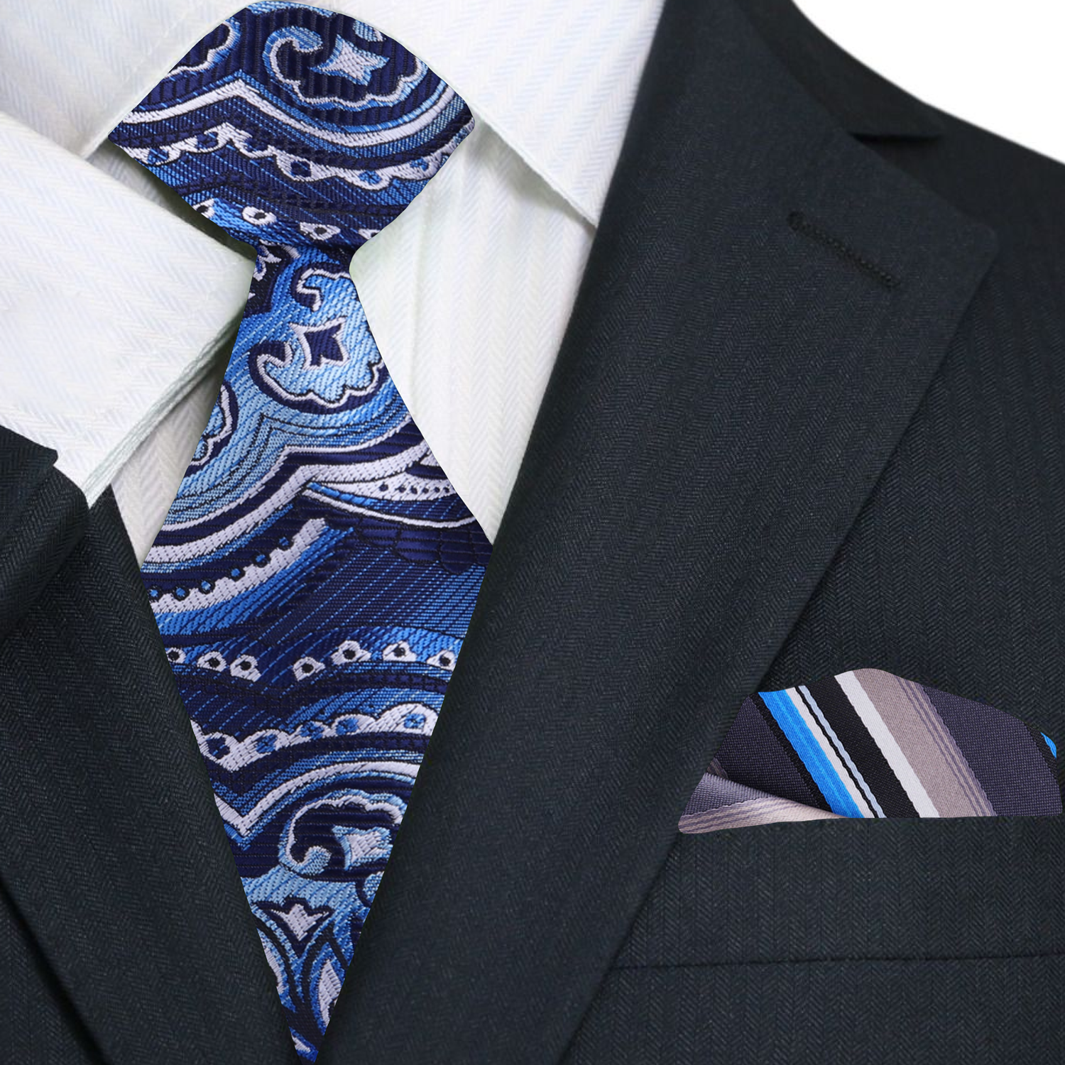 Blue Fog Paisley Necktie and Accenting Square