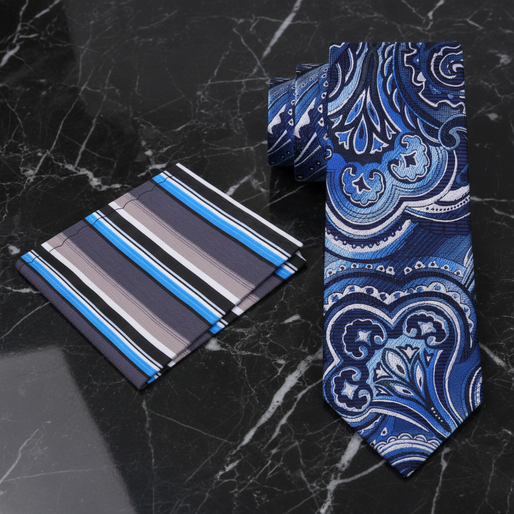 Alt Blue Fog Paisley Necktie and Accenting Square