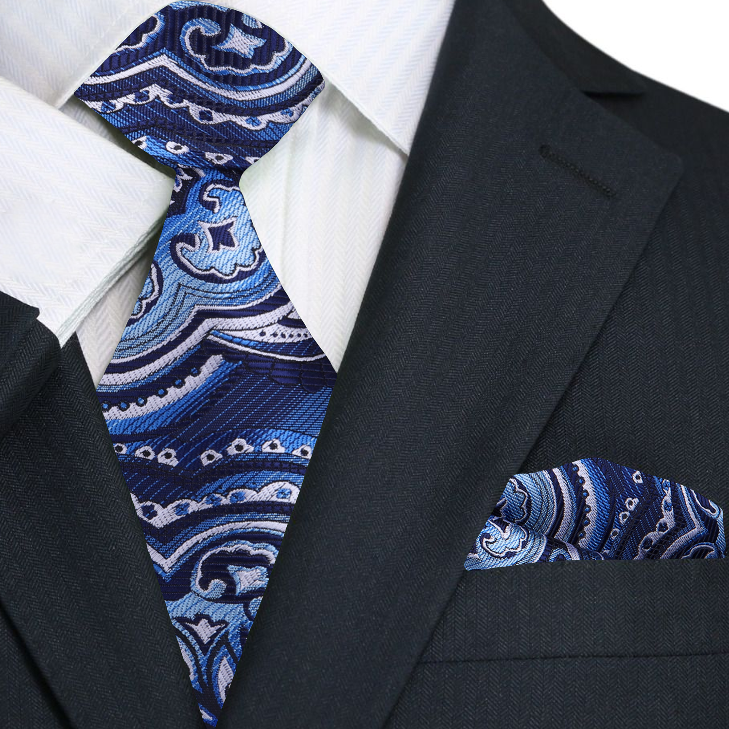 Blue Fog Paisley Necktie and Matching Square
