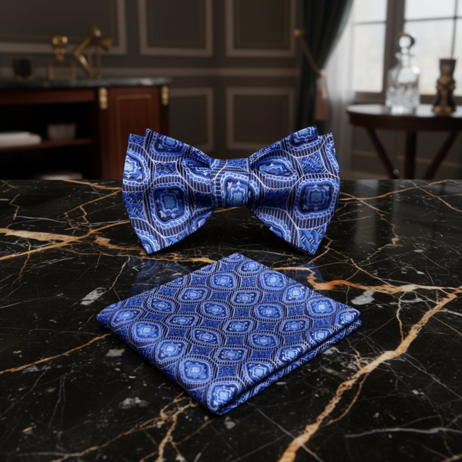 Blue Geometric Medallion Bow Tie & Optional Square
